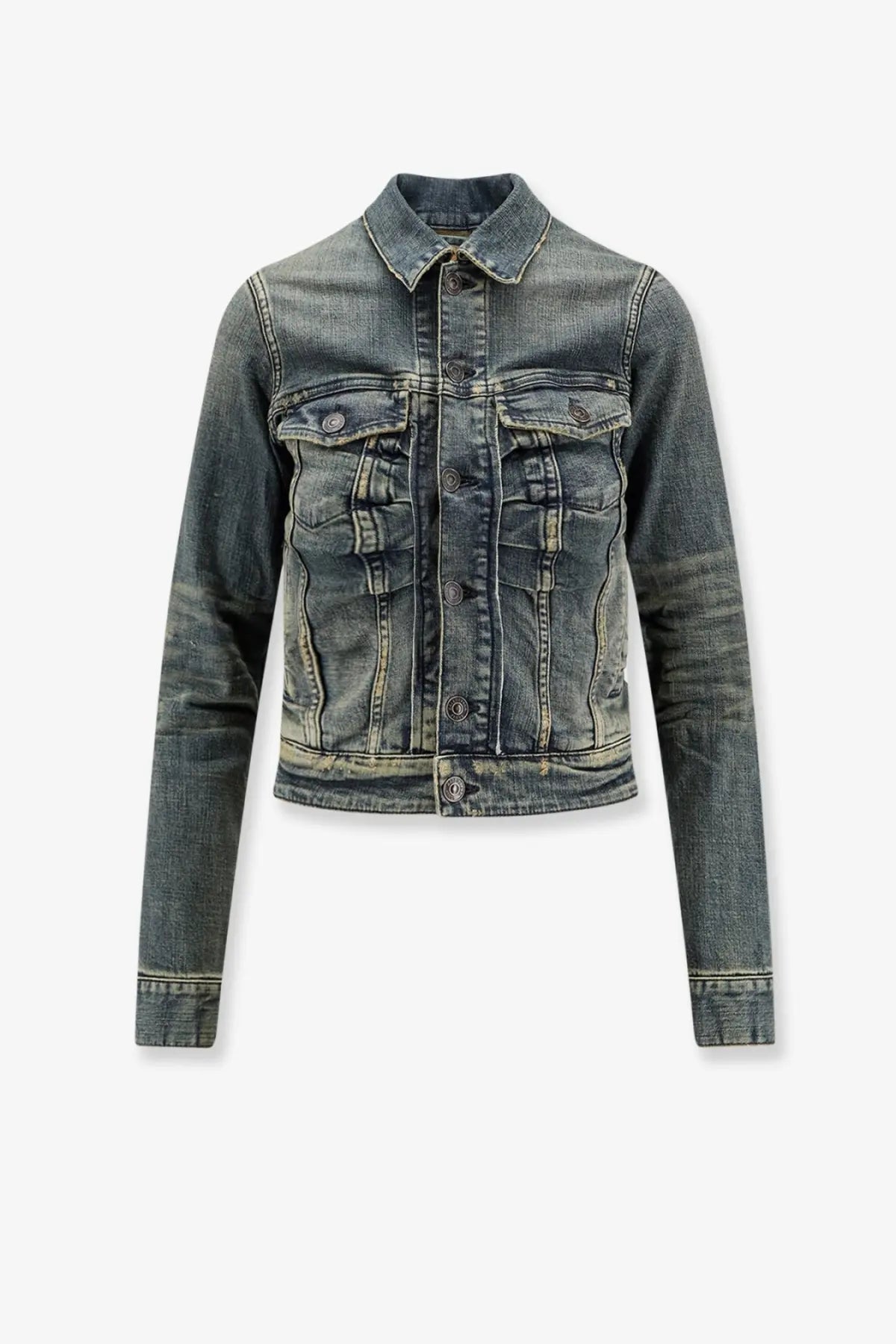 Balenciaga women’s faded blue denim jacket with classic collar button closures and two front chest pockets