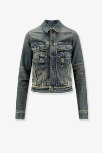 Balenciaga women’s faded blue denim jacket with classic collar button closures and two front chest pockets