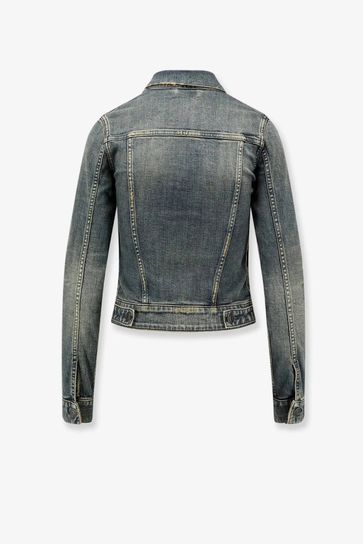 Balenciaga women’s faded blue denim jacket with classic design and visible stitching in durable fabric