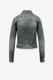Balenciaga women’s faded blue denim jacket with classic design and visible stitching in durable fabric