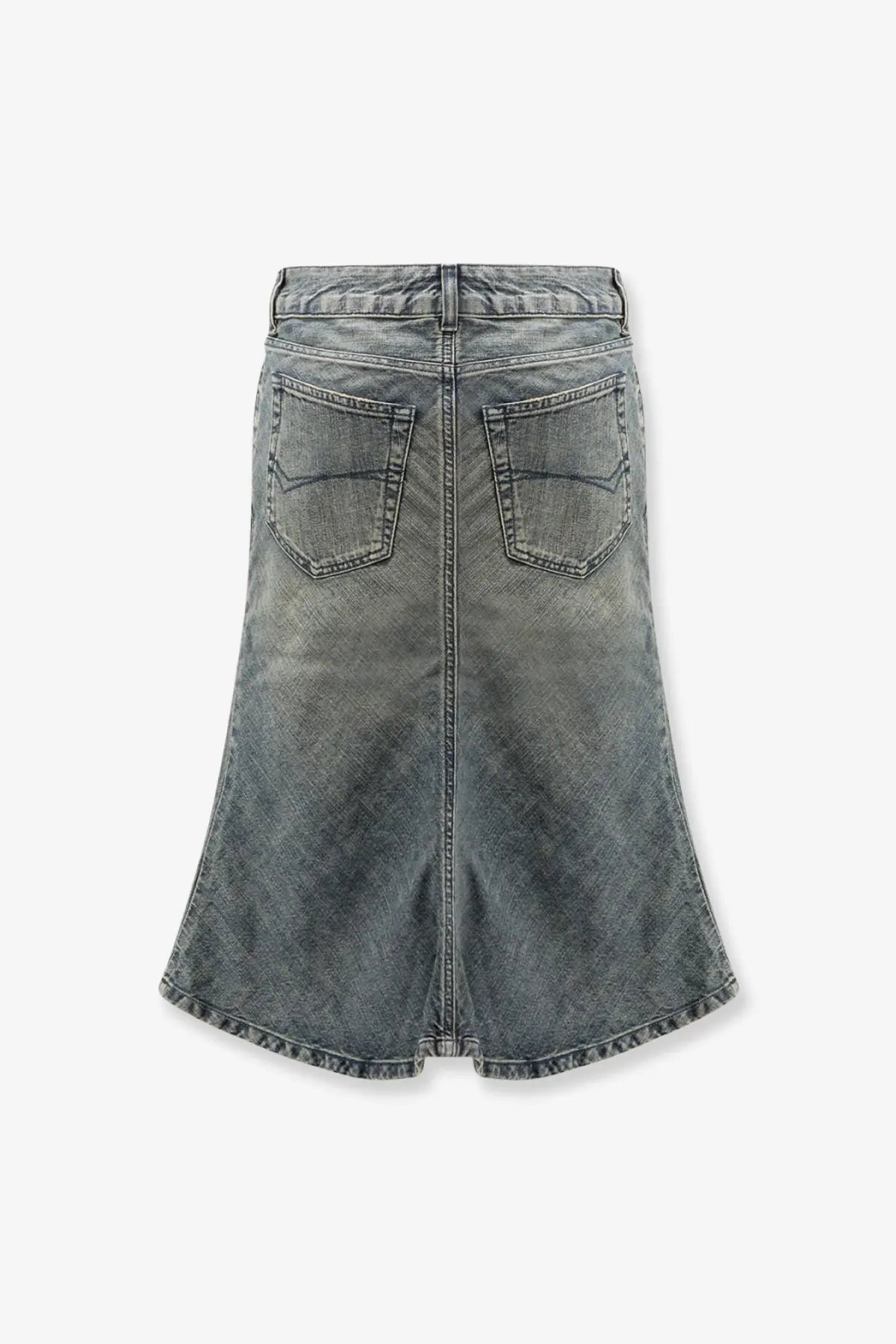 Balenciaga women’s denim midi skirt blue medium wash flared design with classic back pockets and visible stitching back view