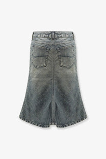 Balenciaga women’s denim midi skirt blue medium wash flared design with classic back pockets and visible stitching back view