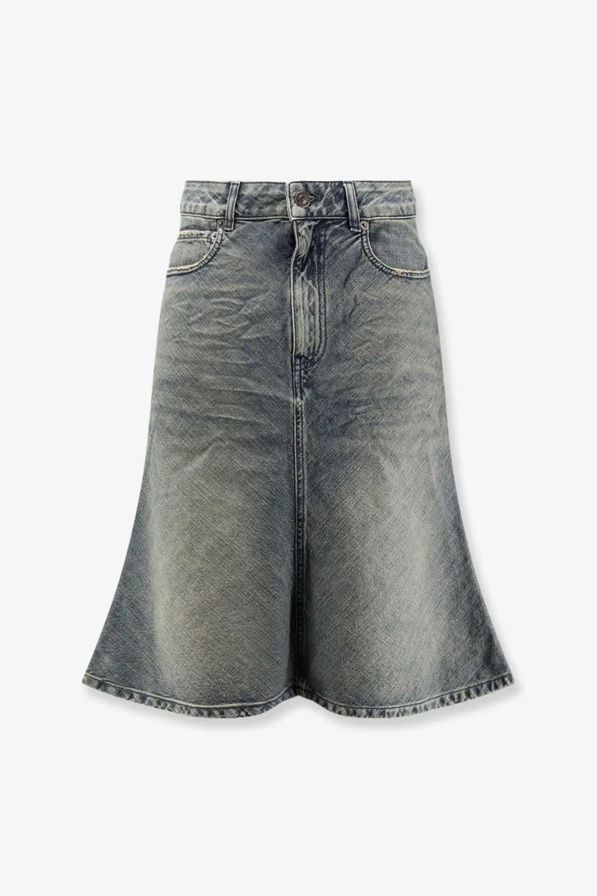Balenciaga women’s denim midi skirt in faded gray wash with high waist flared design and button closure