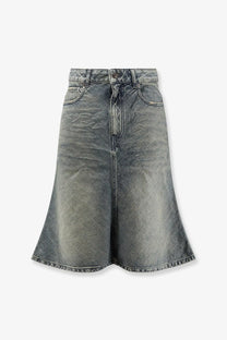 Balenciaga women’s denim midi skirt in faded gray wash with high waist flared design and button closure
