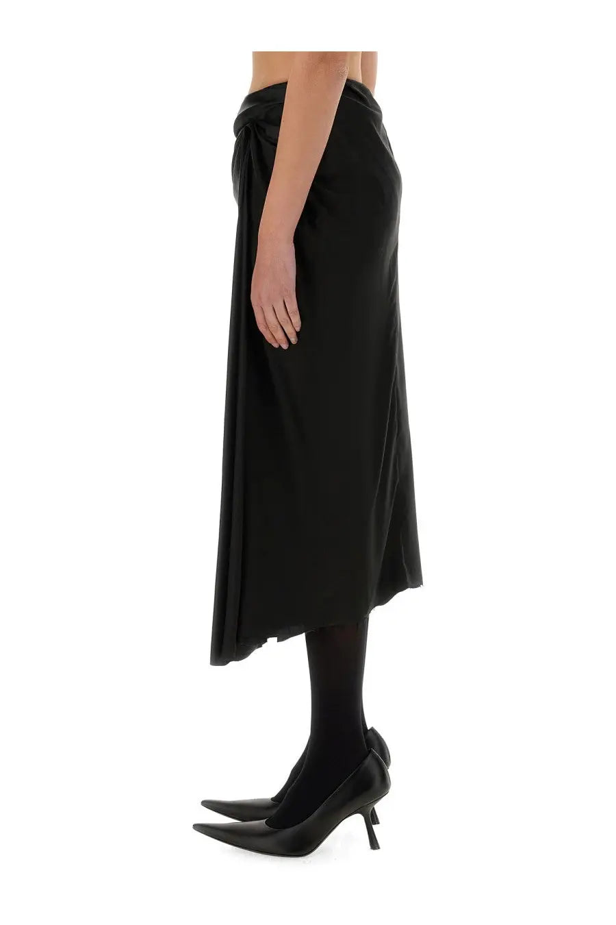 Balenciaga women’s black satin midi skirt with draped waistband and asymmetrical hemline front view