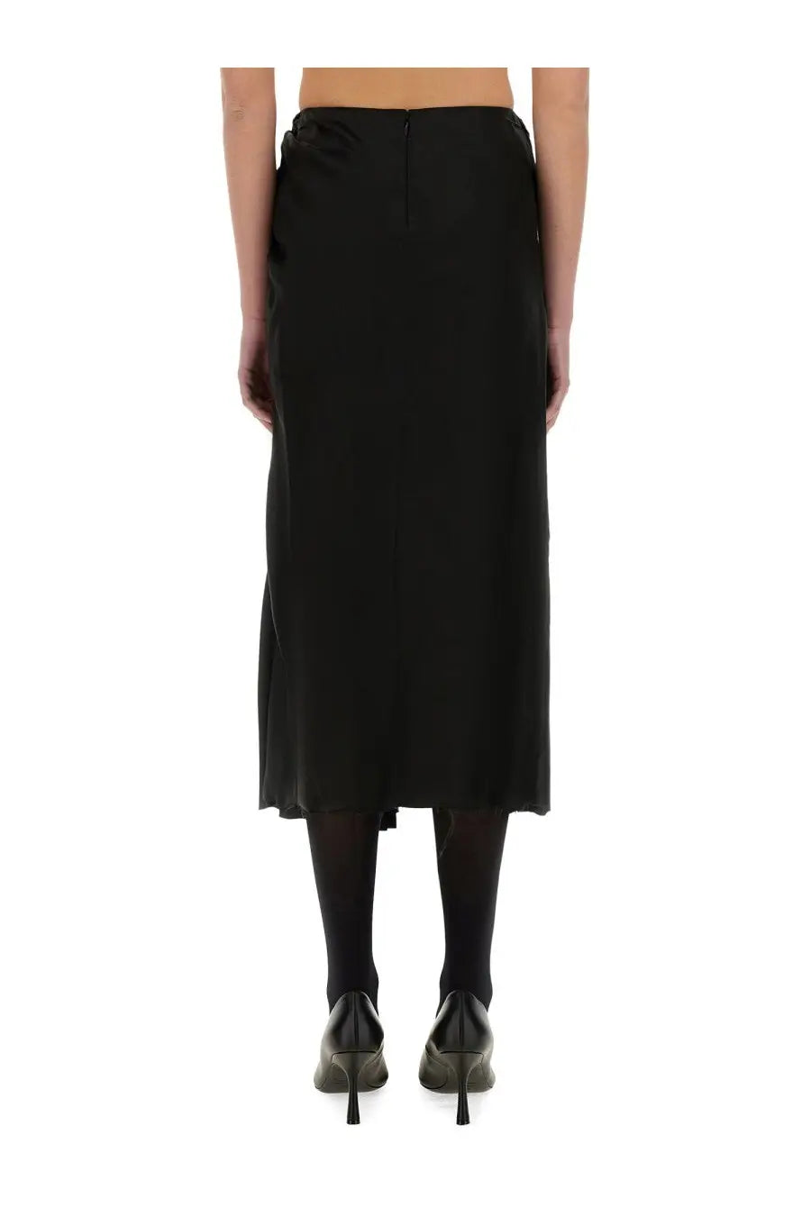Balenciaga women’s draped black satin midi skirt with subtle sheen and central back zipper shown from the back