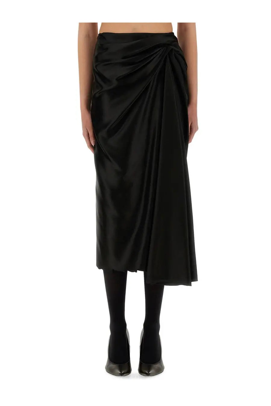 Balenciaga women’s black satin wrap skirt with draped asymmetrical hemline front view