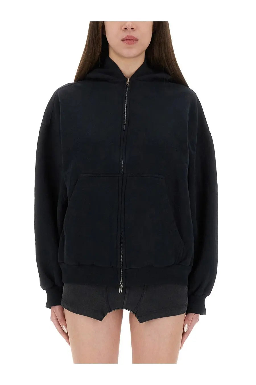Balenciaga women’s black zip-up hoodie with relaxed fit and front pockets perfect for casual wear