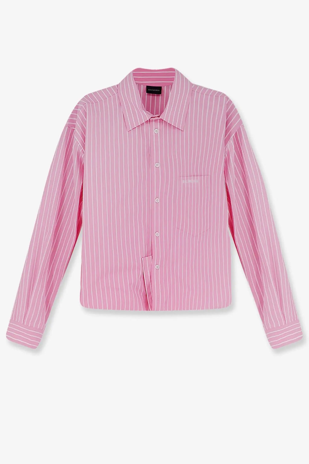 Balenciaga women’s folded striped cotton shirt pink and white with classic collar and chest pocket embroidery