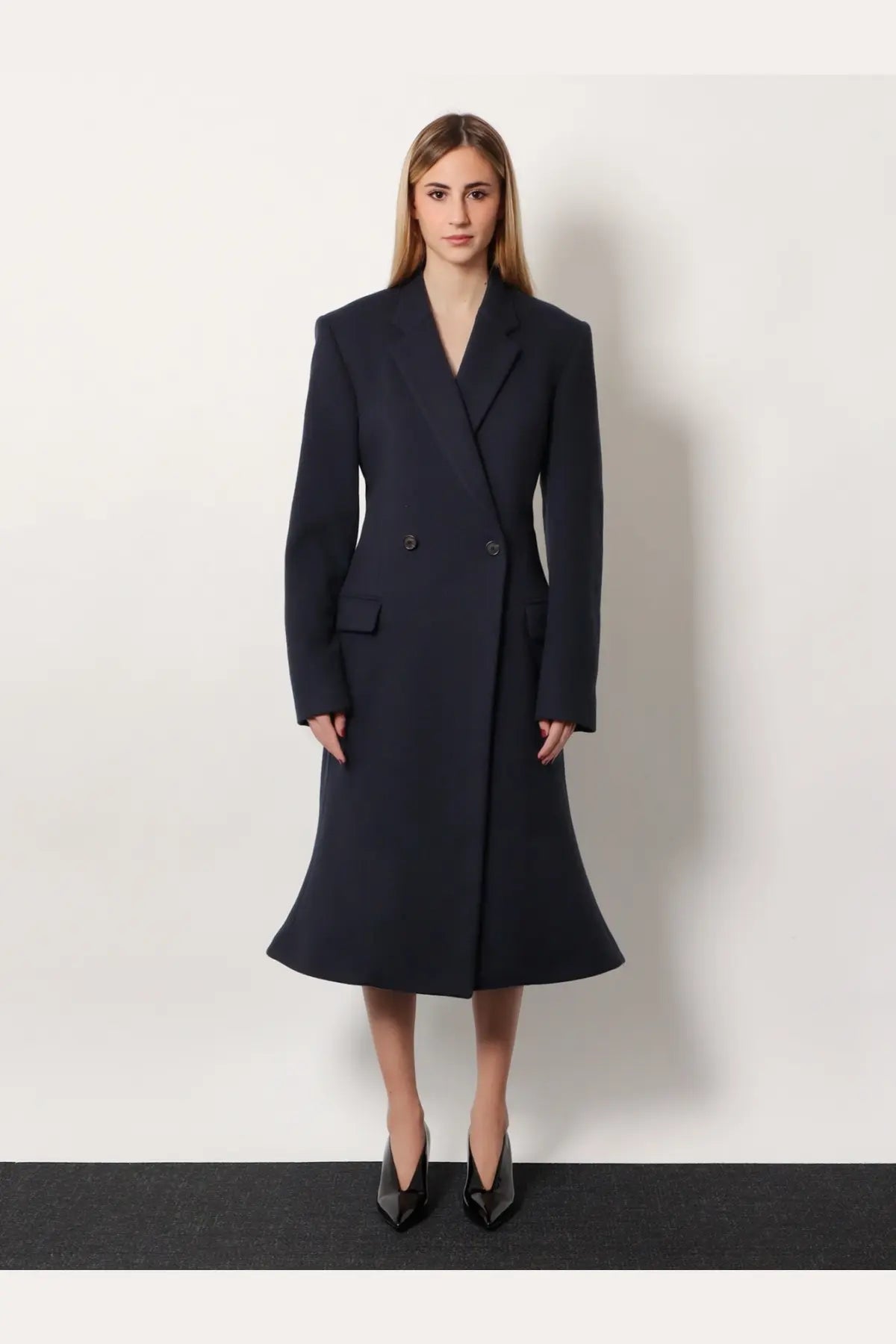Balenciaga Women's Godet Midi Double Breasted Wool Coat Blue, view 2