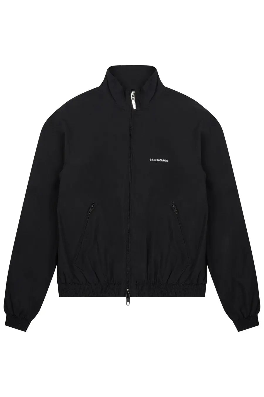 Balenciaga women’s black jacket with minimalist design, high collar, and front zipper closure in sleek fabric