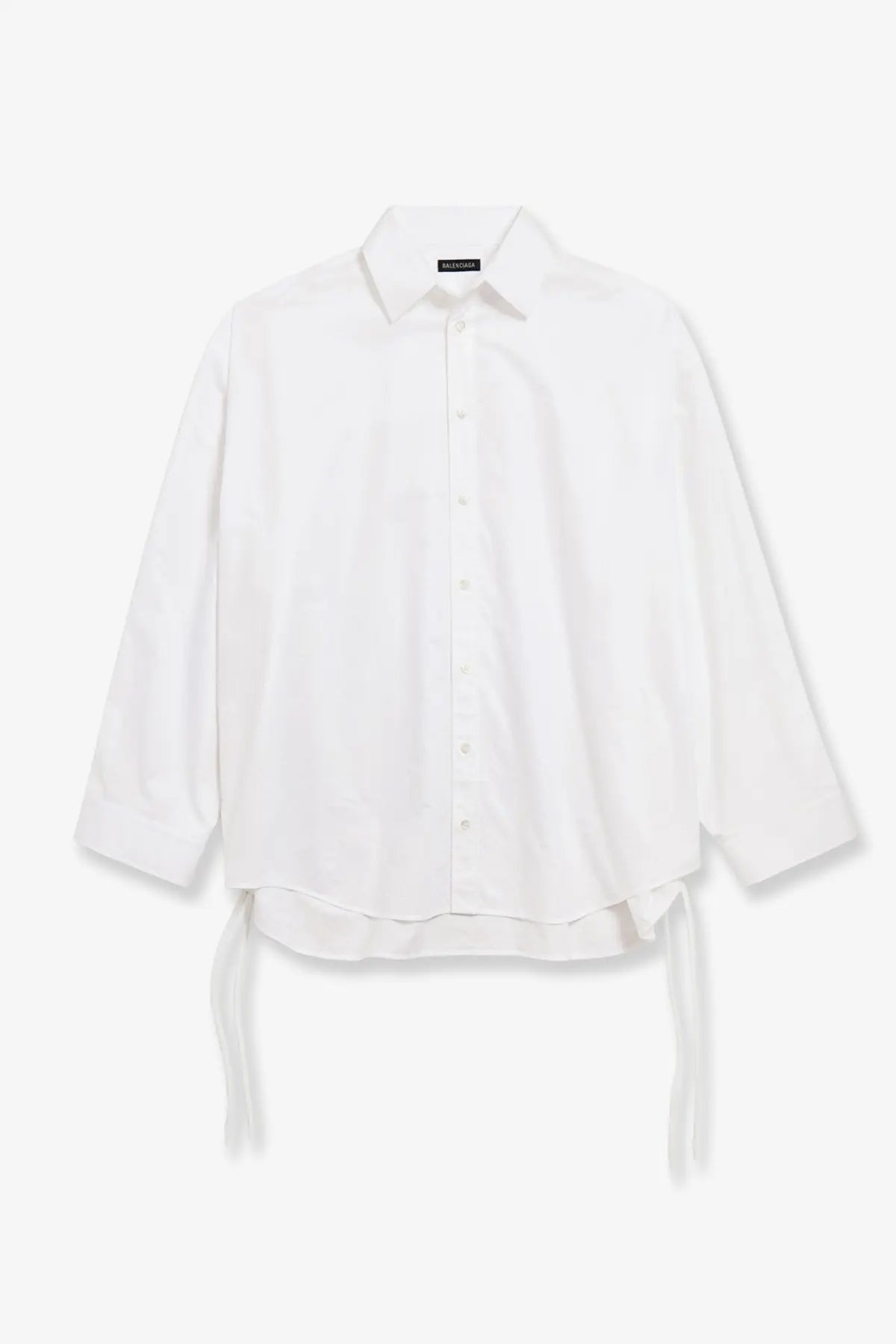 Balenciaga women’s white cotton button-down shirt with loose fit and tie-side details for stylish layering