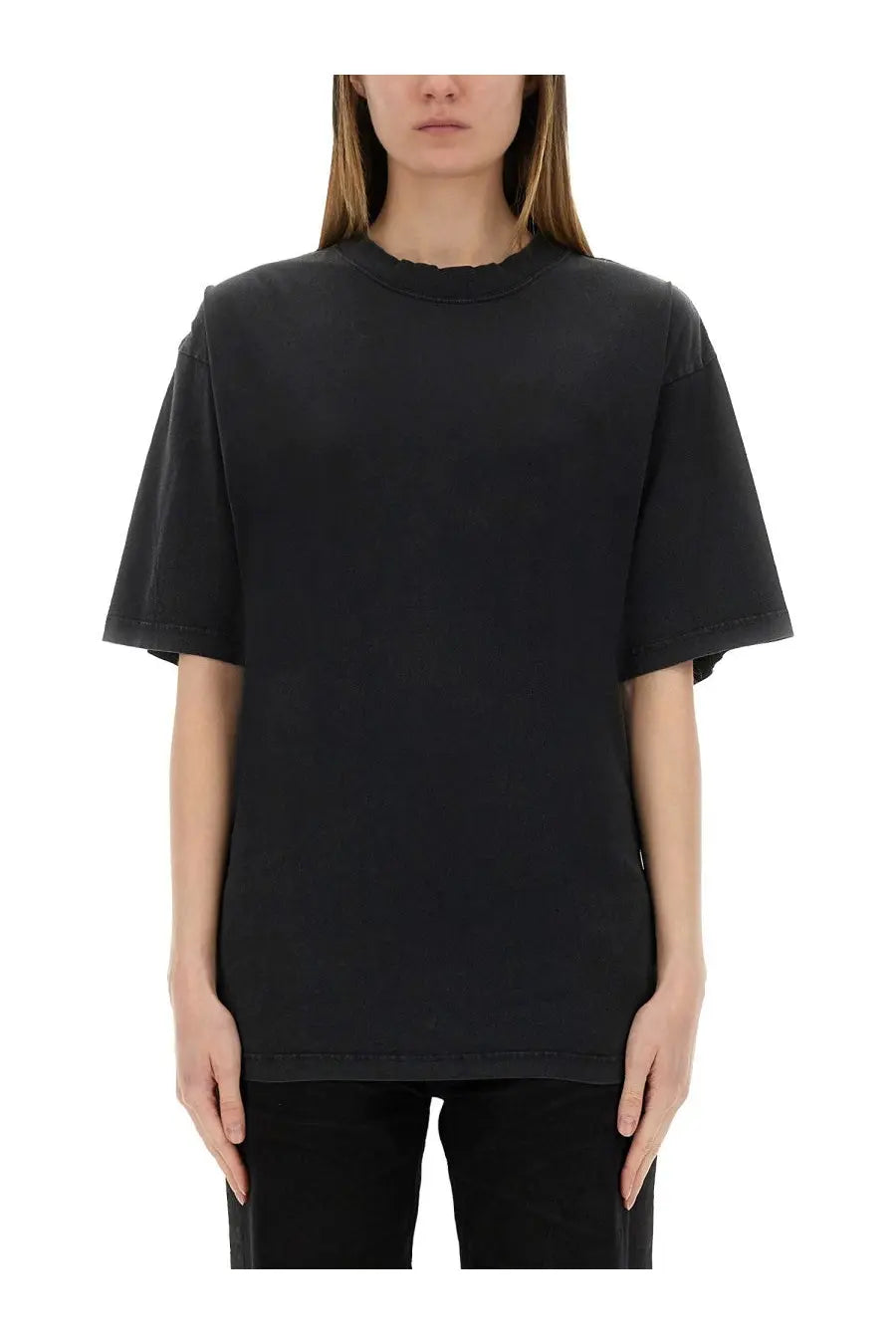 Balenciaga womens lace up shirt black oversized cotton t shirt with relaxed fit and slightly frayed neckline