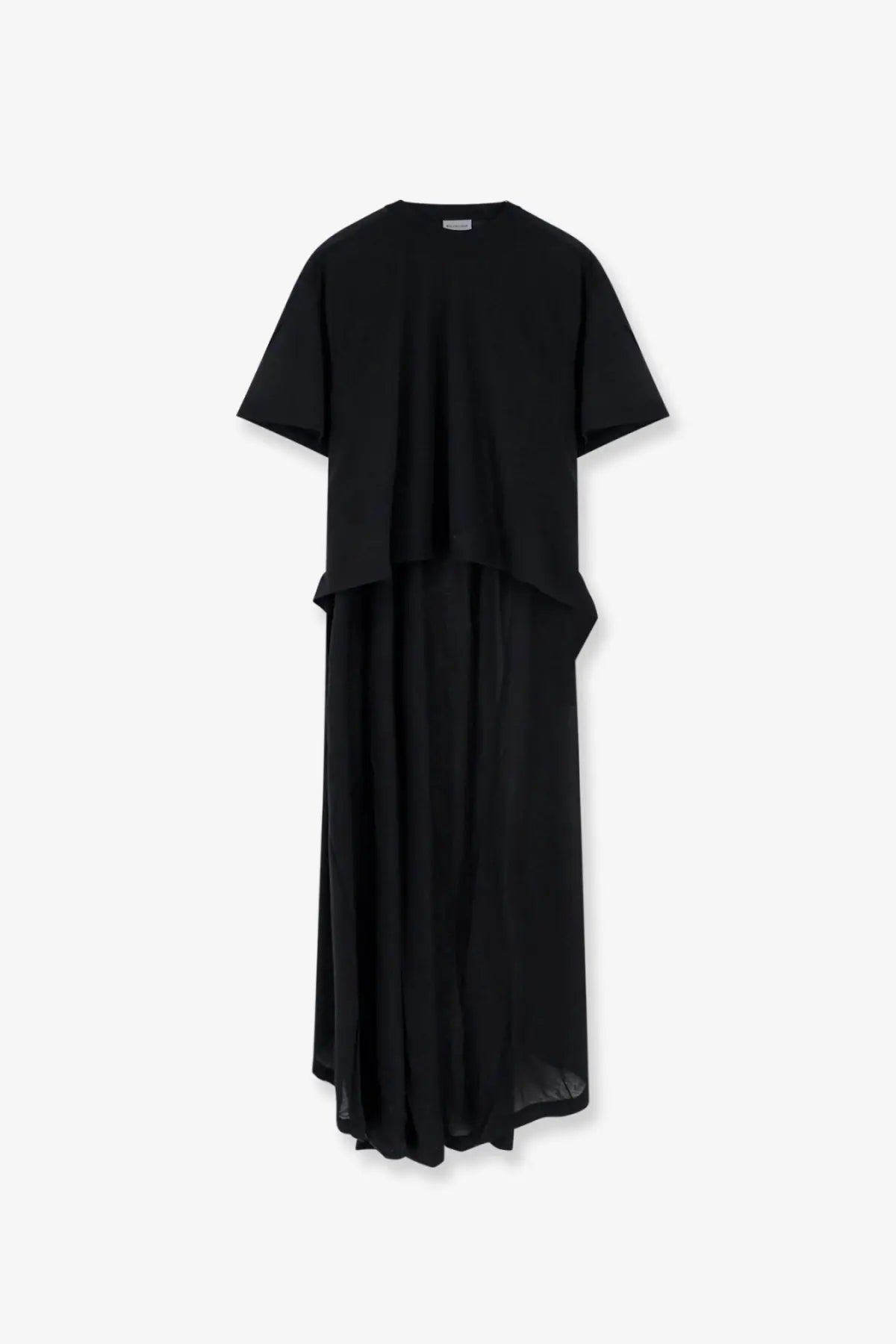 Black tiered Balenciaga women’s long jersey shirt dress with short sleeves and flowing asymmetrical hemline