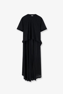 Black tiered Balenciaga women’s long jersey shirt dress with short sleeves and flowing asymmetrical hemline