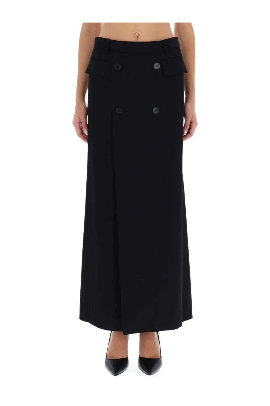 Balenciaga women’s long black double-breasted maxi skirt with sleek tailored design and matching buttons