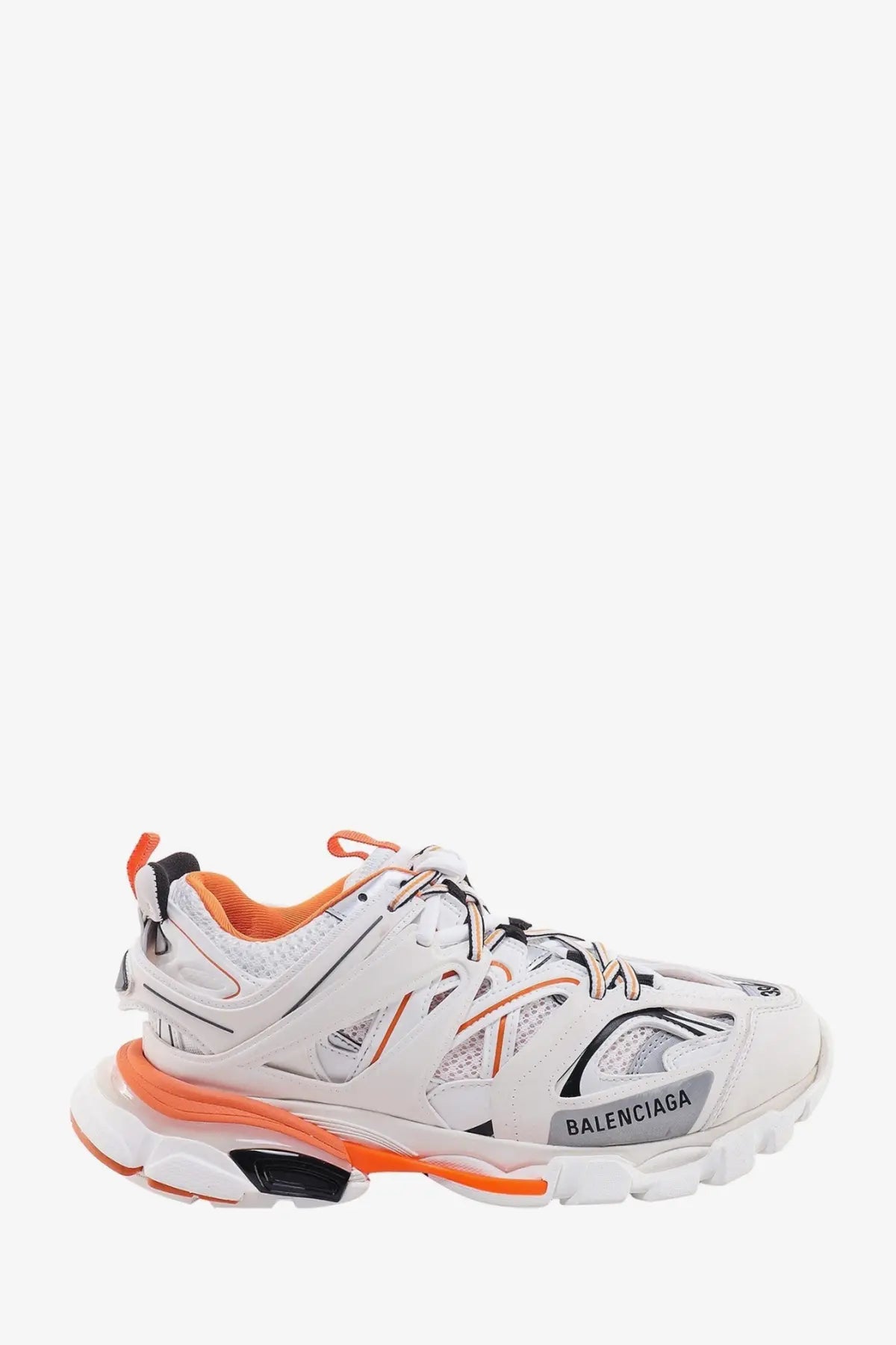 Balenciaga women’s white and orange triple s sneaker with chunky sole mesh upper and black accents