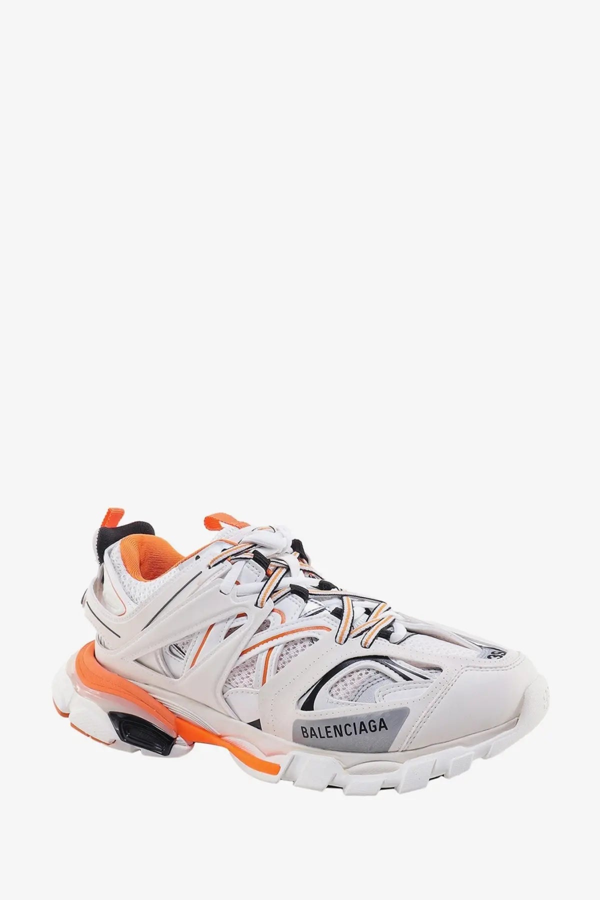 Balenciaga women’s mesh and nylon track sneaker in white with orange and black accents and triple s sole