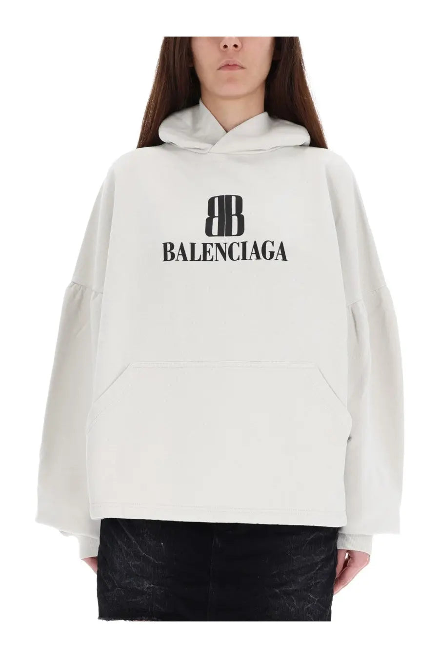 Balenciaga women’s white nano bb sweatshirt with off-white balenciaga hoodie featuring black logo and ruffled sleeves