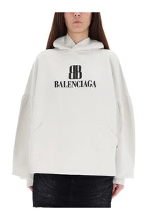 Balenciaga women’s white nano bb sweatshirt with off-white balenciaga hoodie featuring black logo and ruffled sleeves