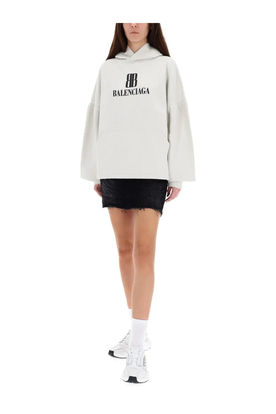 Balenciaga women’s white nano bb sweatshirt hoodie with black logo and bell sleeves in soft cotton material