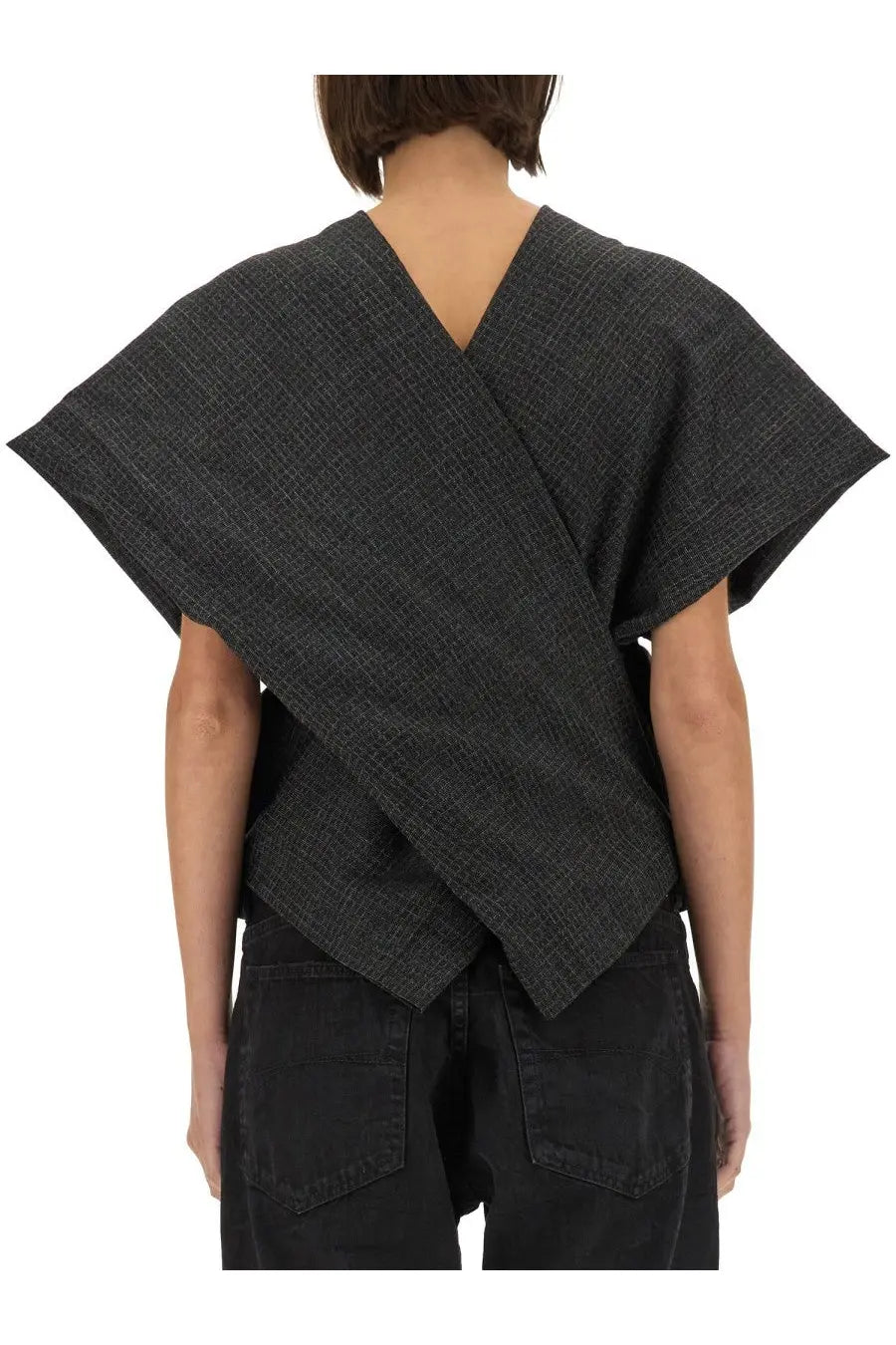 Balenciaga women’s panta top tailoring black dark gray textured fabric with asymmetrical design and wide draped sleeves