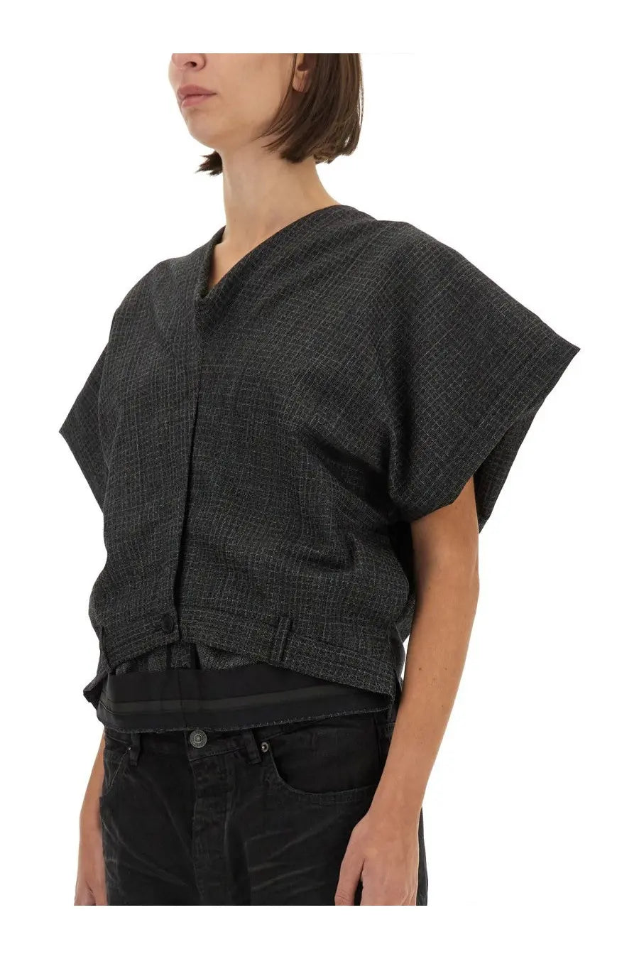 Balenciaga women’s panta top tailoring black dark gray textured knit v-neck with short wide sleeves