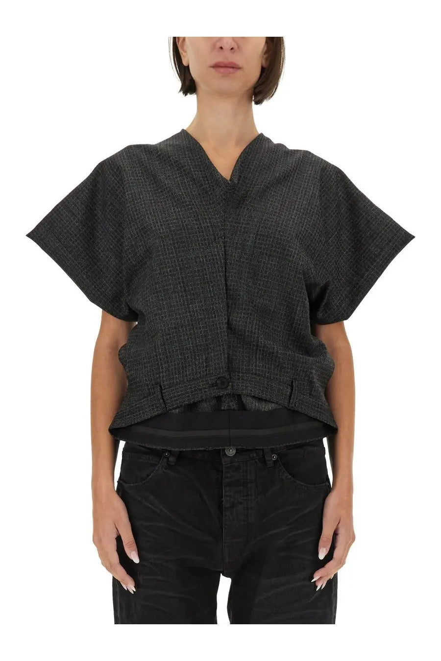 Balenciaga women’s panta top tailoring black dark gray textured short-sleeved v-neck relaxed fit top