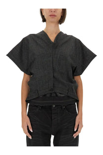 Balenciaga women’s panta top tailoring black dark gray textured short-sleeved v-neck relaxed fit top
