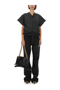 Balenciaga women’s panta top tailoring black leather handbag with gold chain strap and distinctive h-shaped clasp