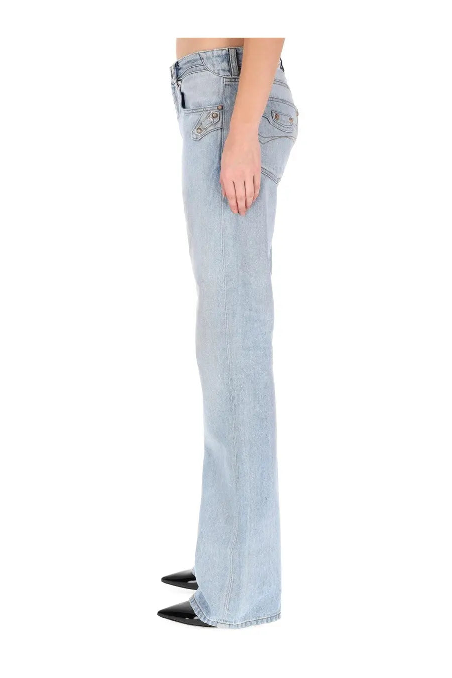 Back side of balenciaga women s city blue light-wash denim flare jeans with decorative button details on pockets