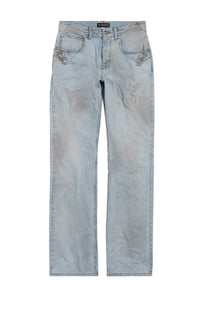 Balenciaga women’s light-wash denim pants city blue with silver-toned metal hardware and decorative front pocket buttons