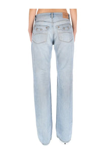 Balenciaga women’s light-wash denim jeans city blue with straight-leg cut and classic back pockets shown from backside
