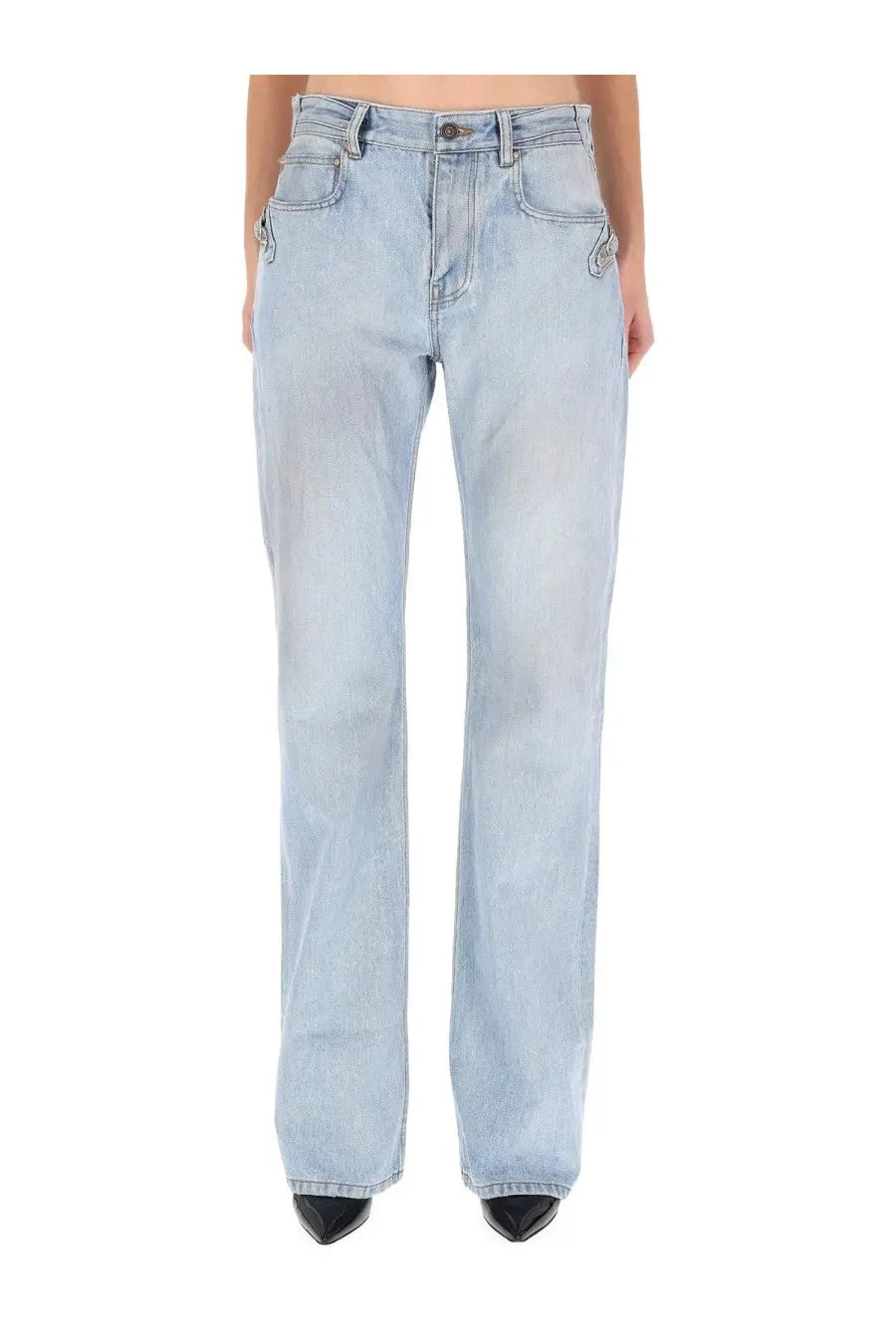 Balenciaga women’s light-wash denim jeans in city blue with straight-leg cut and subtle distressing on pockets