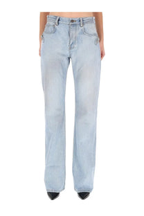 Balenciaga women’s light-wash denim jeans in city blue with straight-leg cut and subtle distressing on pockets