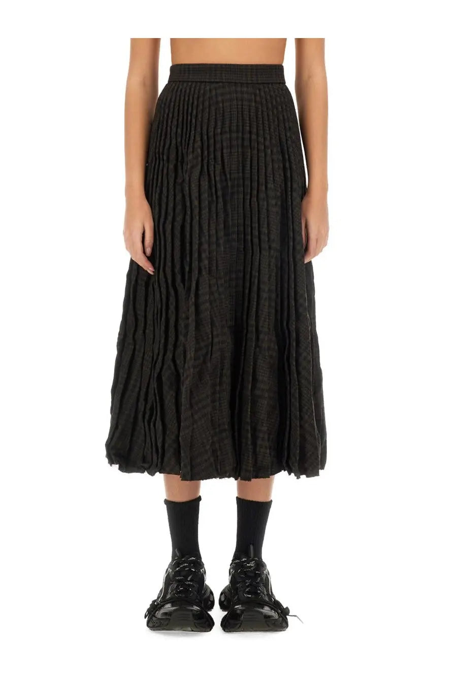 Balenciaga women’s pleated midi skirt in black woven fabric with high-waisted design and textured finish