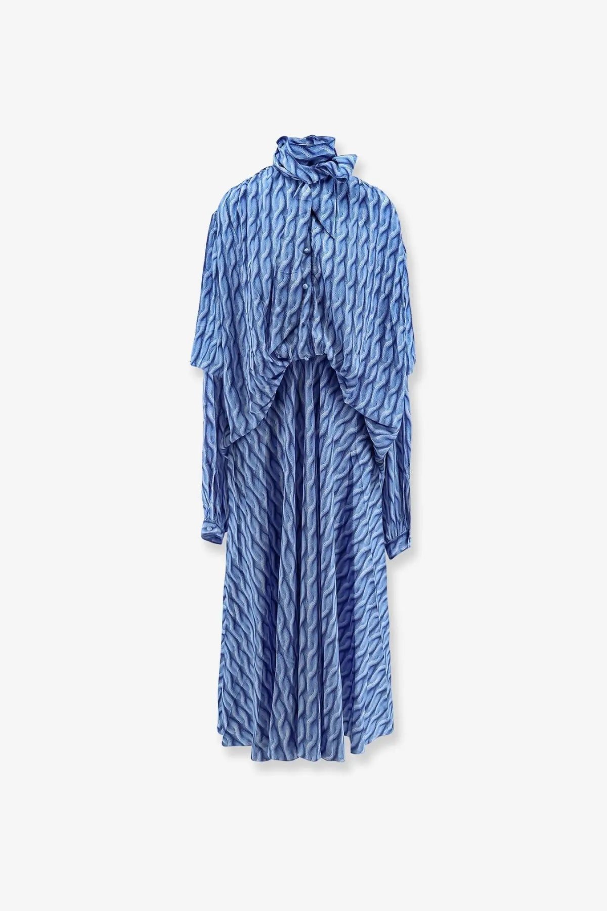 Balenciaga women’s printed fabric long dress in blue with a flowing wavy pattern and high neckline