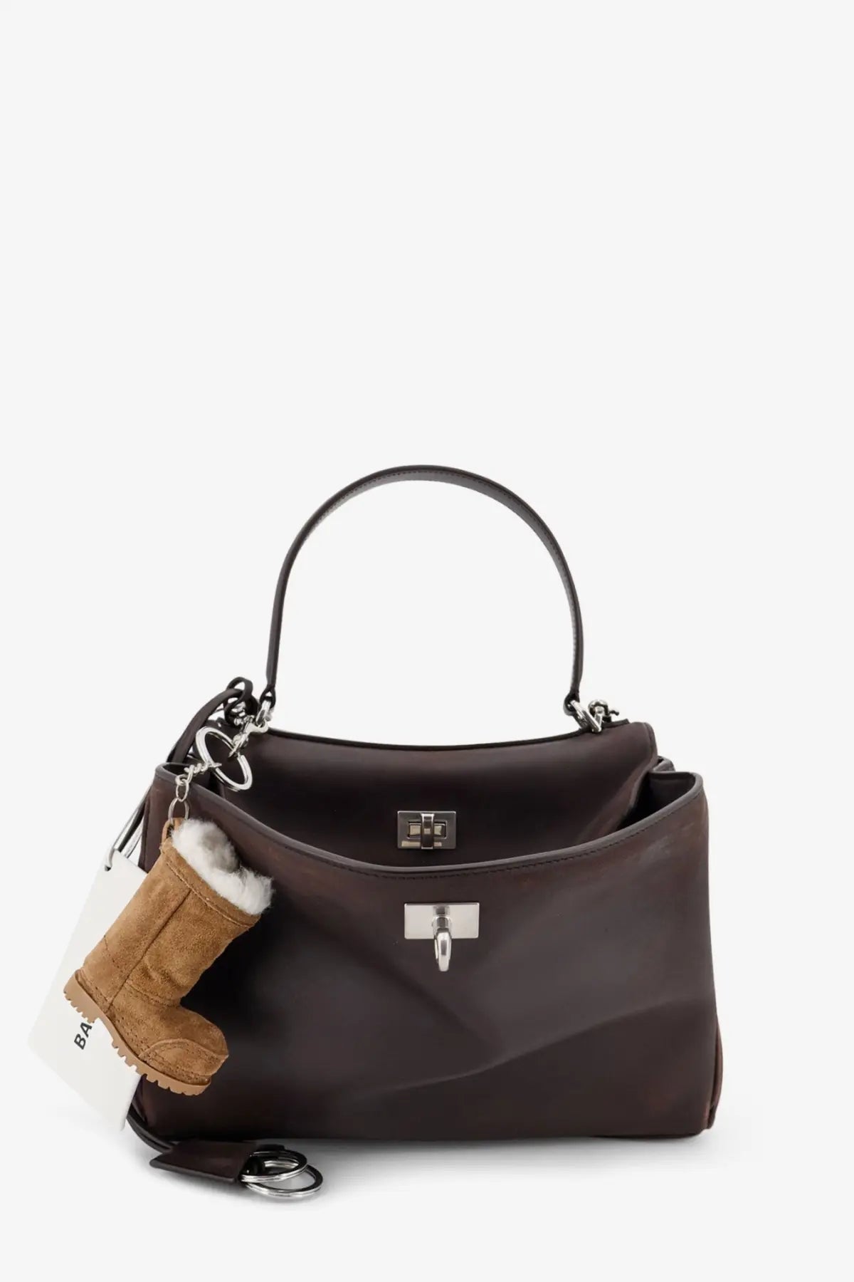 Balenciaga women’s rodeo brown leather crossbody bag with silver hardware and detachable handle with tan boot keychain