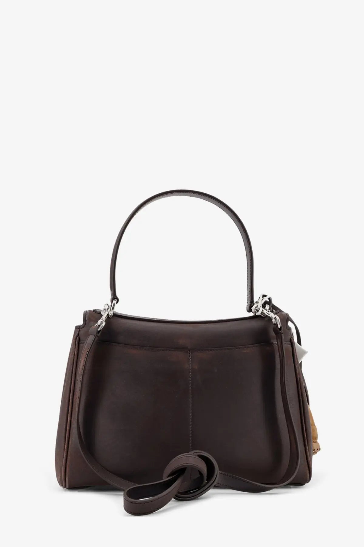 Balenciaga women’s rodeo leather crossbody bag in dark brown with curved top handle and detachable shoulder strap
