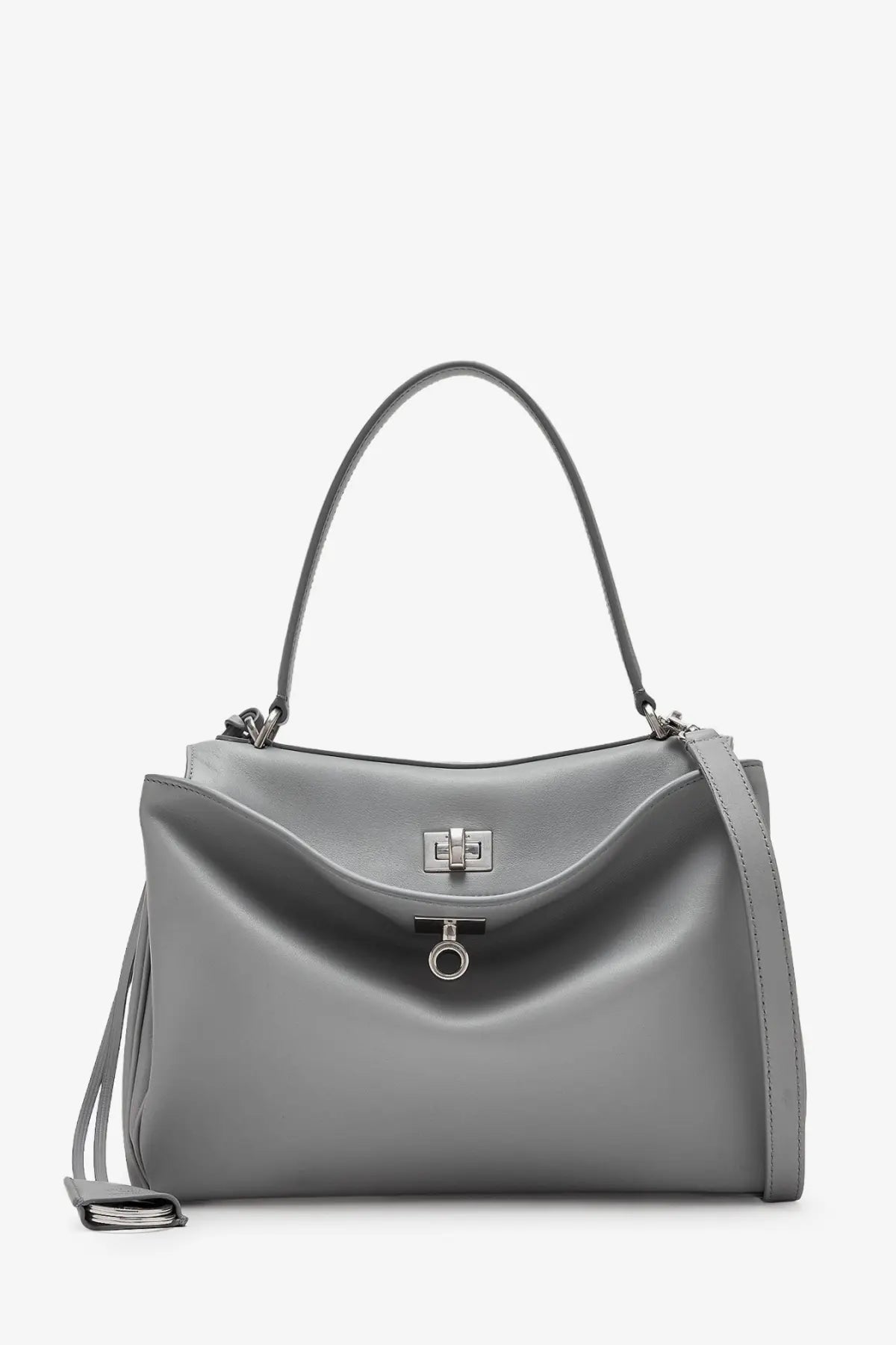 Balenciaga women’s rodeo grey leather crossbody bag with silver hardware and detachable shoulder strap visible from front