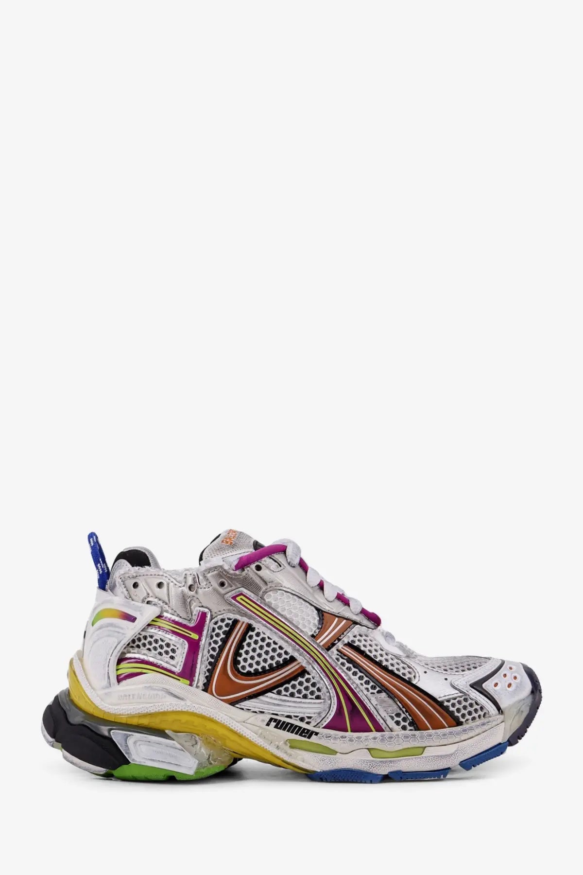 Balenciaga women’s runner low top mesh sneaker in white and purple with metallic gold accents and chunky multi colored sole