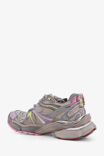 Balenciaga women’s runner nylon low top sneakers in beige with chunky layered design and neon yellow and pink accents
