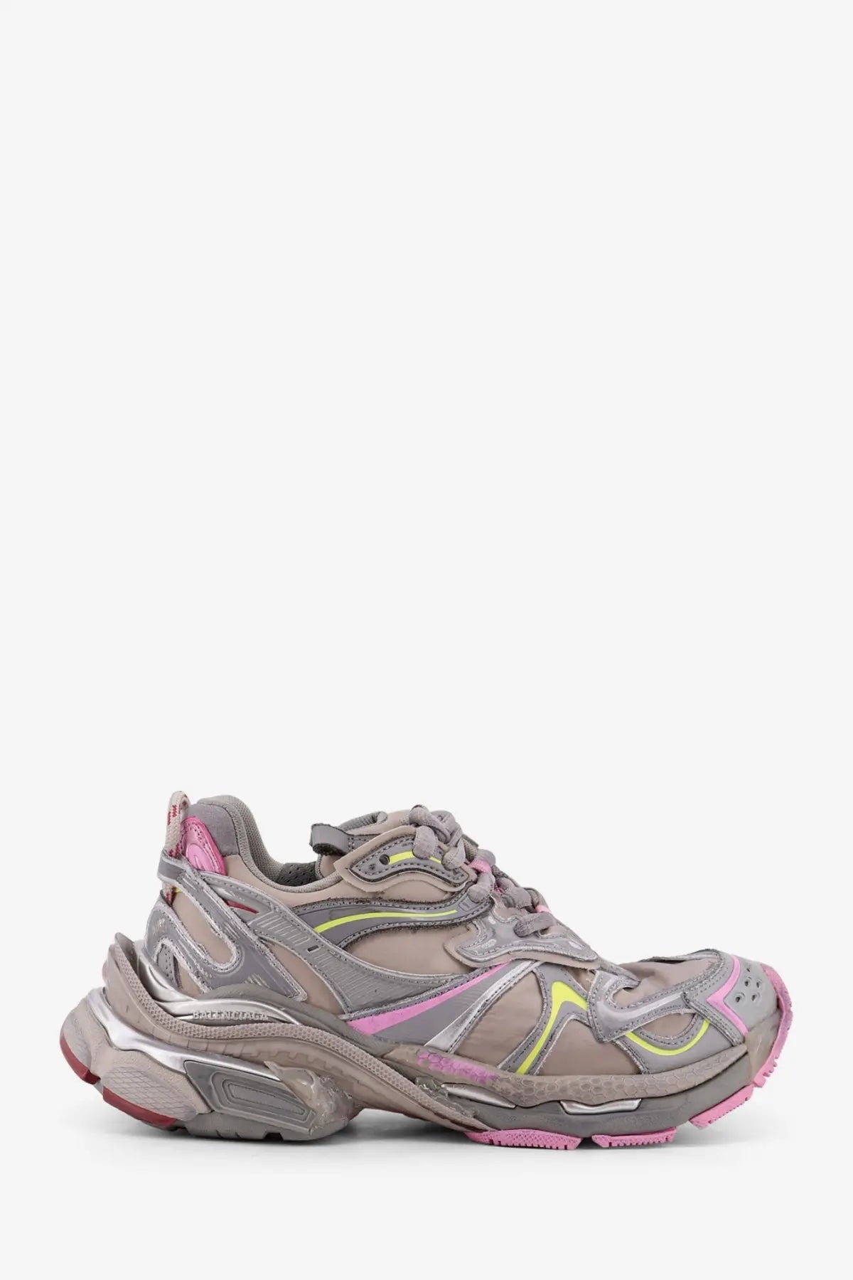Balenciaga women’s runner nylon low top sneakers in beige with gray and pink triple s design and chunky silver midsole