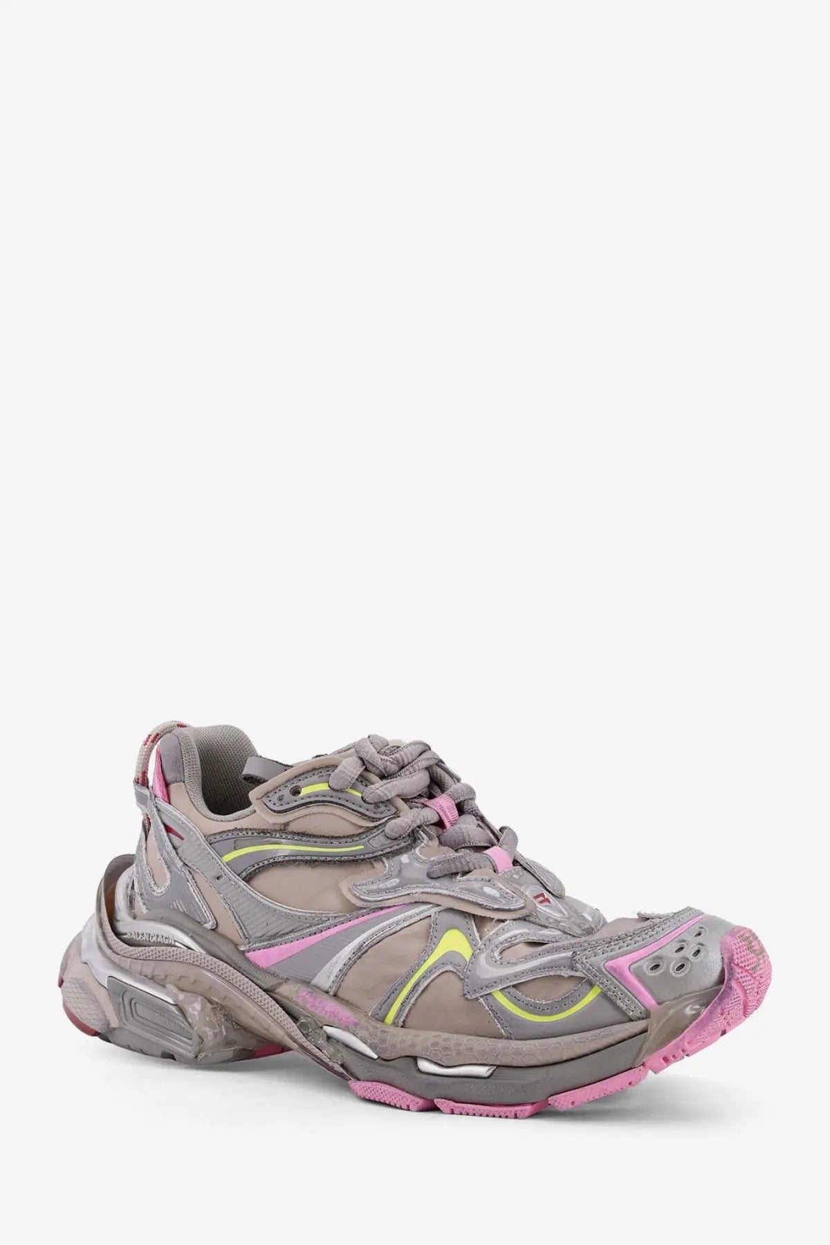 Balenciaga women’s runner nylon low top sneakers in gray and pink with neon yellow accents and triple s design