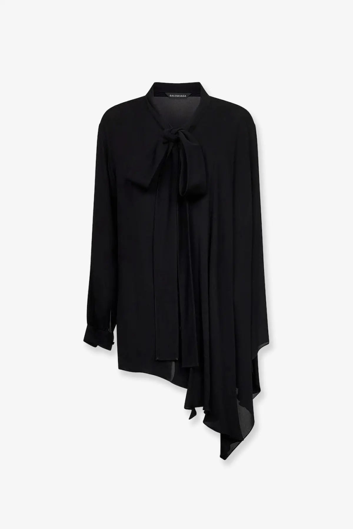 Balenciaga women’s black silk blouse with flowing asymmetrical silhouette and prominent bow at the neckline