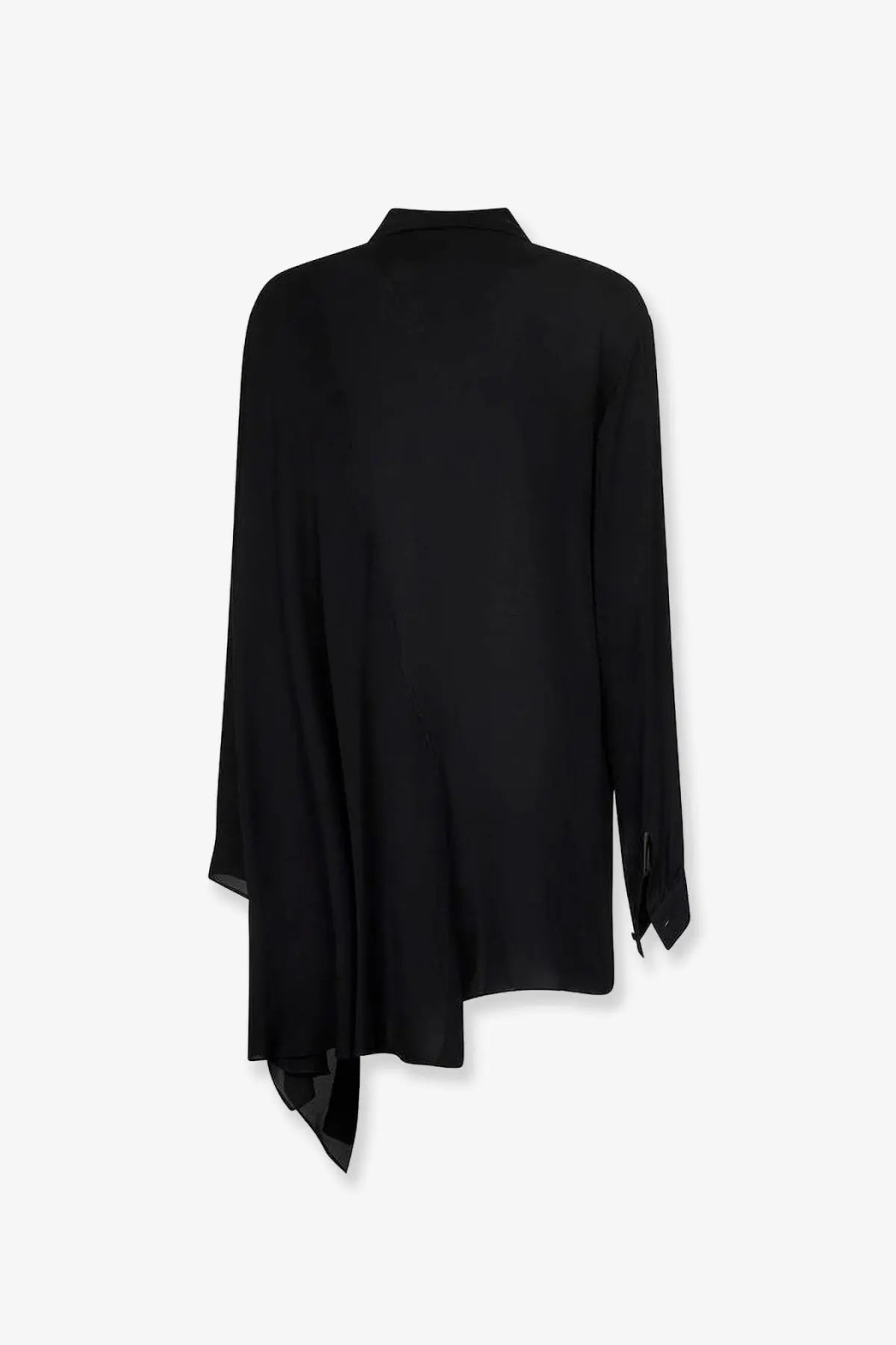 Balenciaga womens black silk long-sleeved blouse with high collar and asymmetrical hemline front view