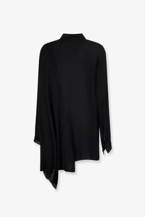 Balenciaga womens black silk long-sleeved blouse with high collar and asymmetrical hemline front view