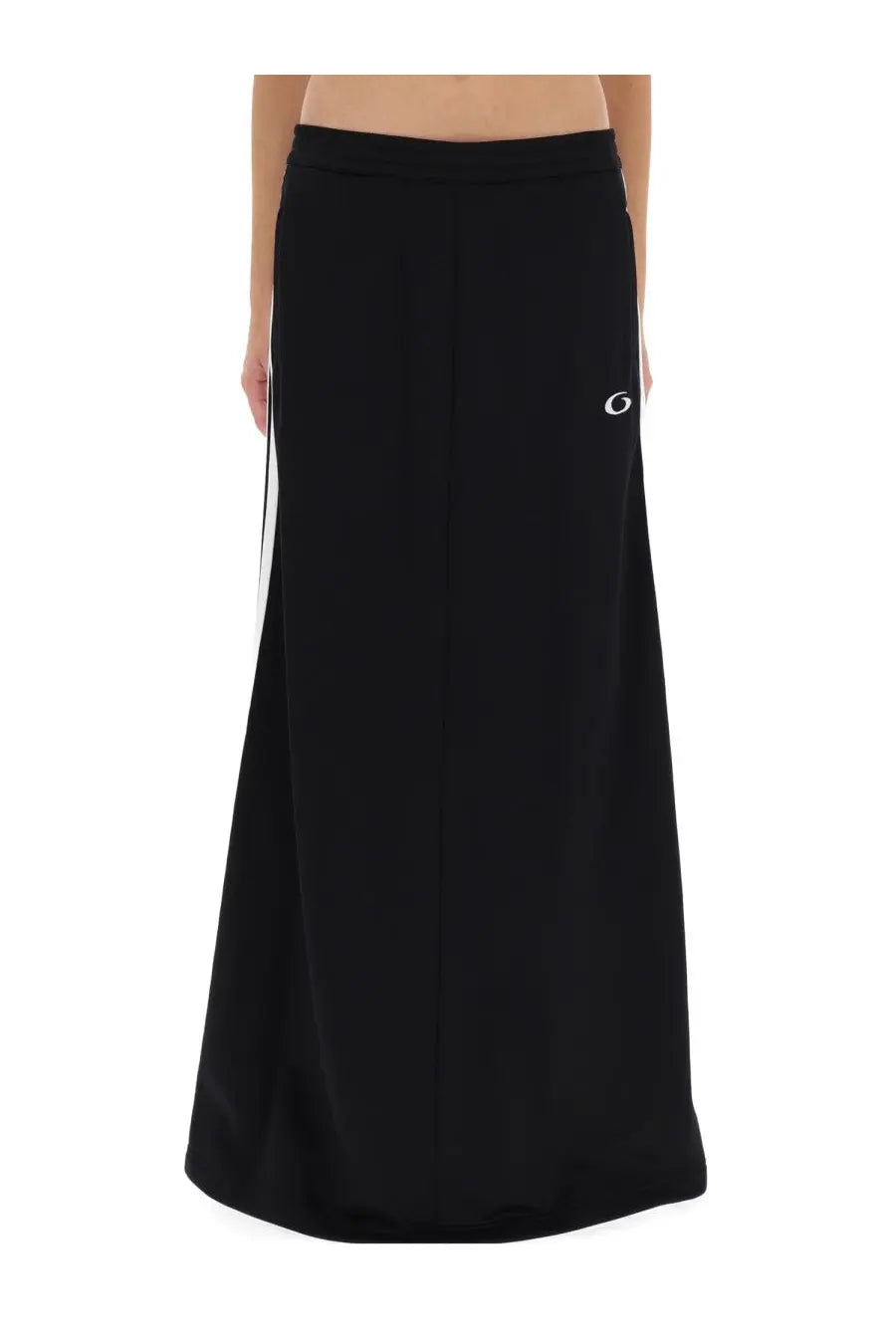 Balenciaga women’s black athletic maxi skirt with white side stripe and small embroidered logo on the hip