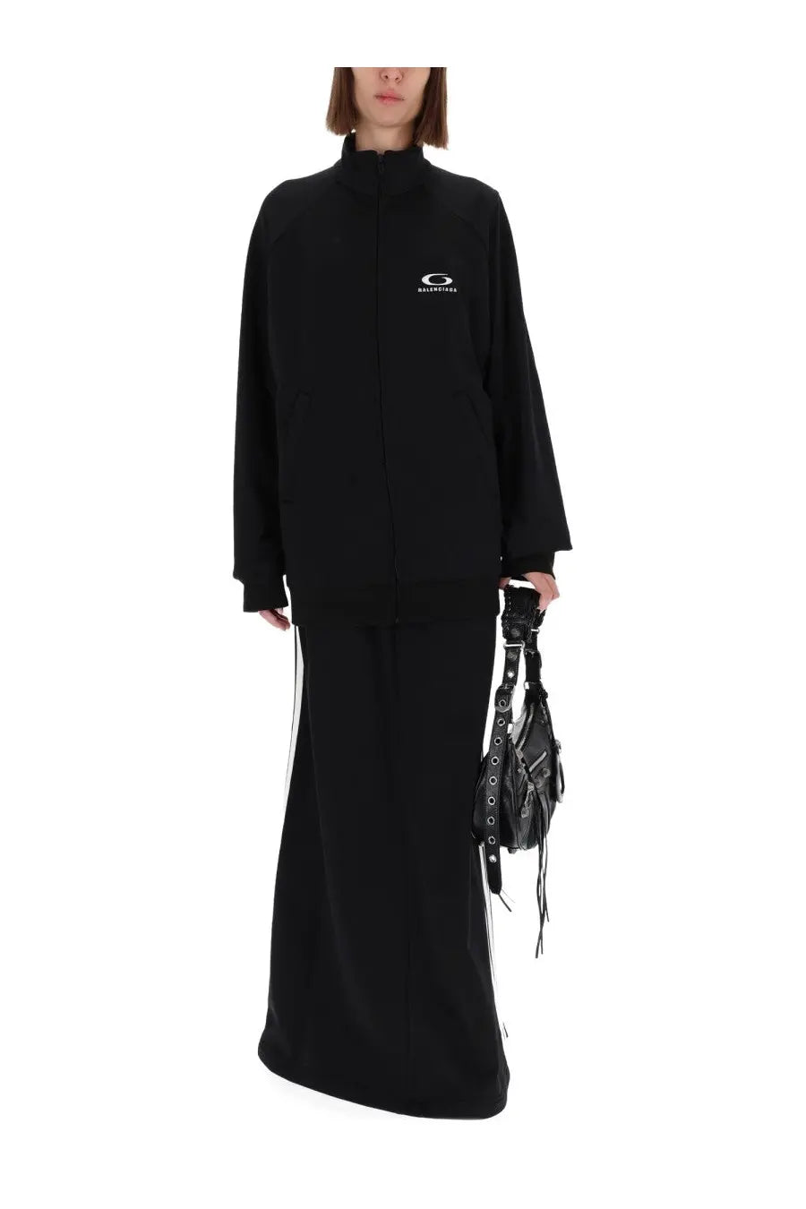 Black balenciaga womens track jacket with white logo and side stripes from skirt tracksuit loop sports icon collection