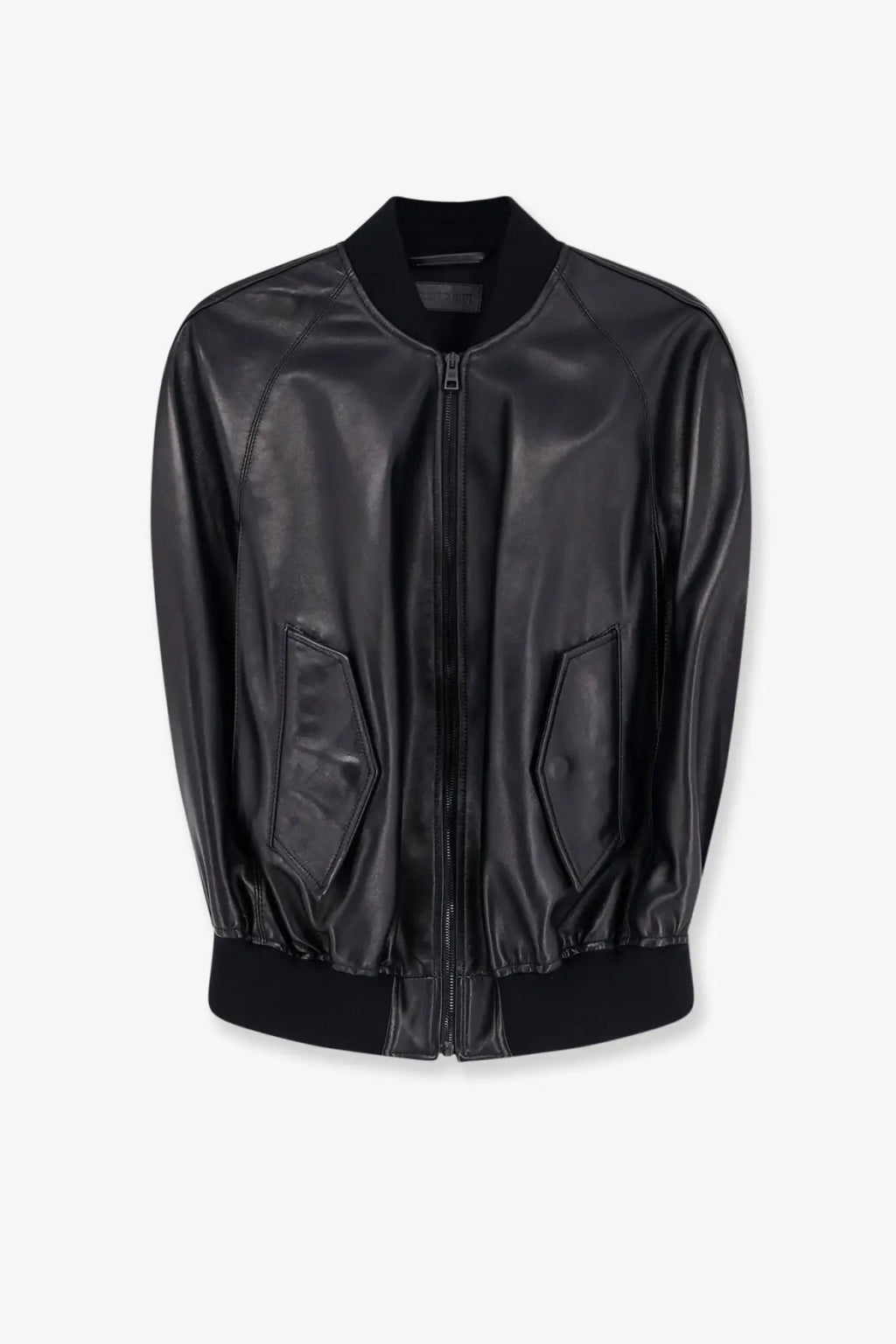 Balenciaga women’s sleeveless black leather bomber jacket with ribbed cuffs and collar front view